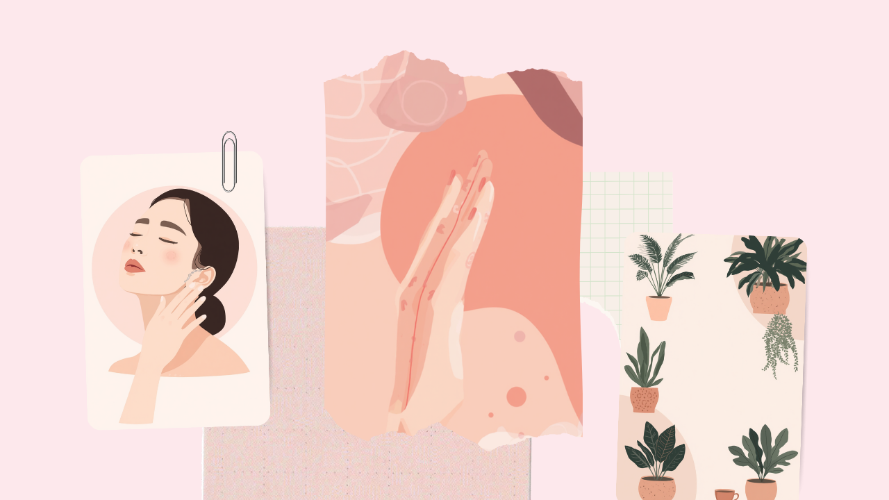 首や耳まわりのツボをやさしく押してセルフケアする女性のイラスト