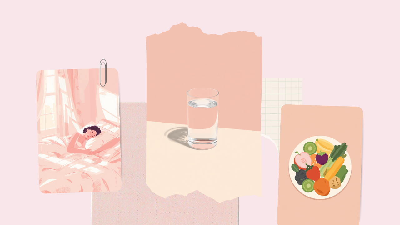 ぐっすり眠る女性・水分補給・バランスのよい食事を描いた生活習慣のイラスト