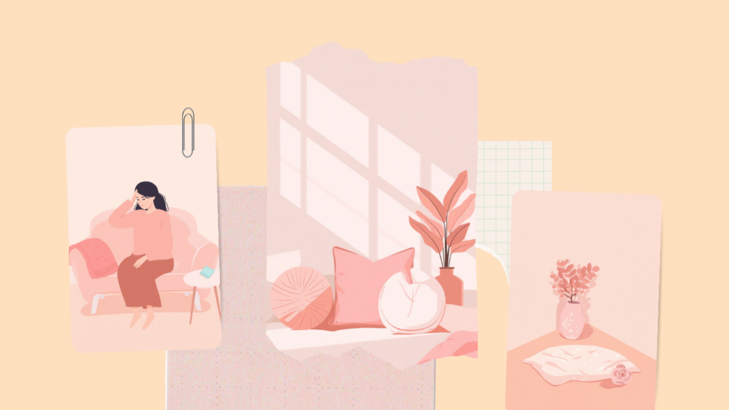 頭を押さえて休む女性と温かいケアグッズを描いた淡いピンクのイラスト