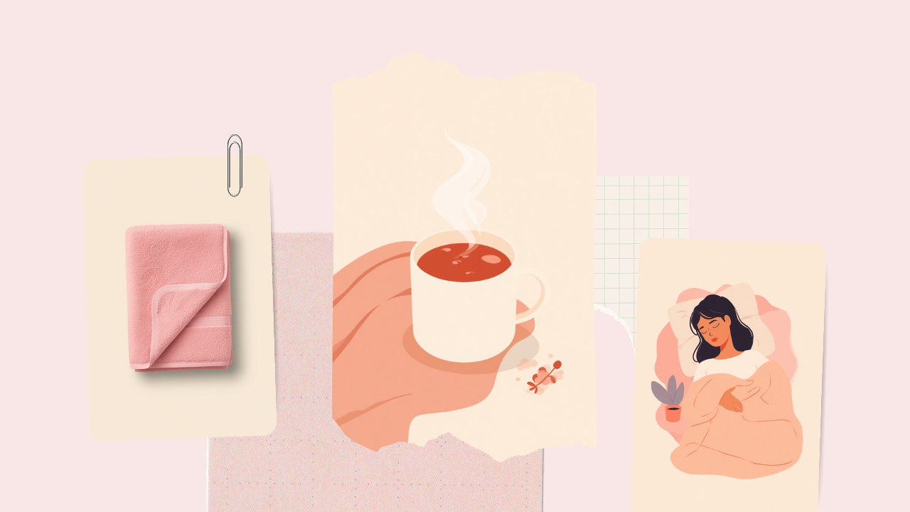 温めた蒸しタオルと温かい飲み物でリラックスする女性のイラスト
