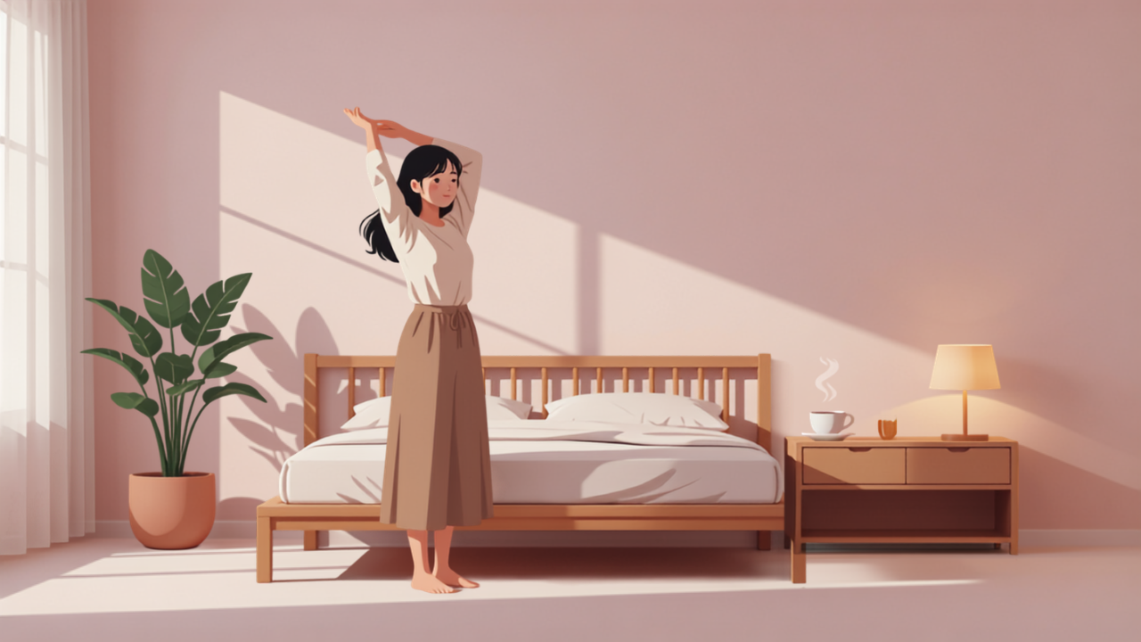 朝の光の中でベッドのそばで伸びをする女性のイラスト