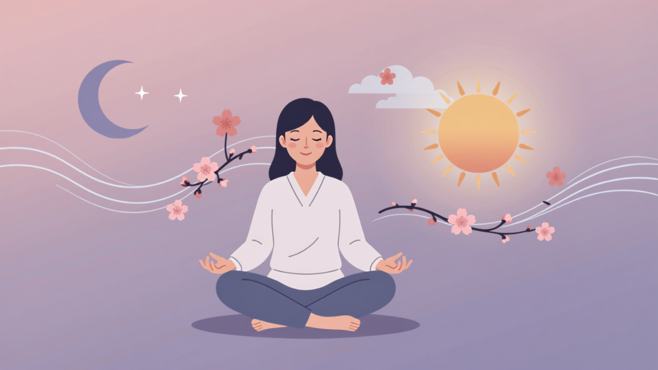 太陽と月に囲まれて瞑想する女性 自律神経の昼と夜のバランスのイラスト