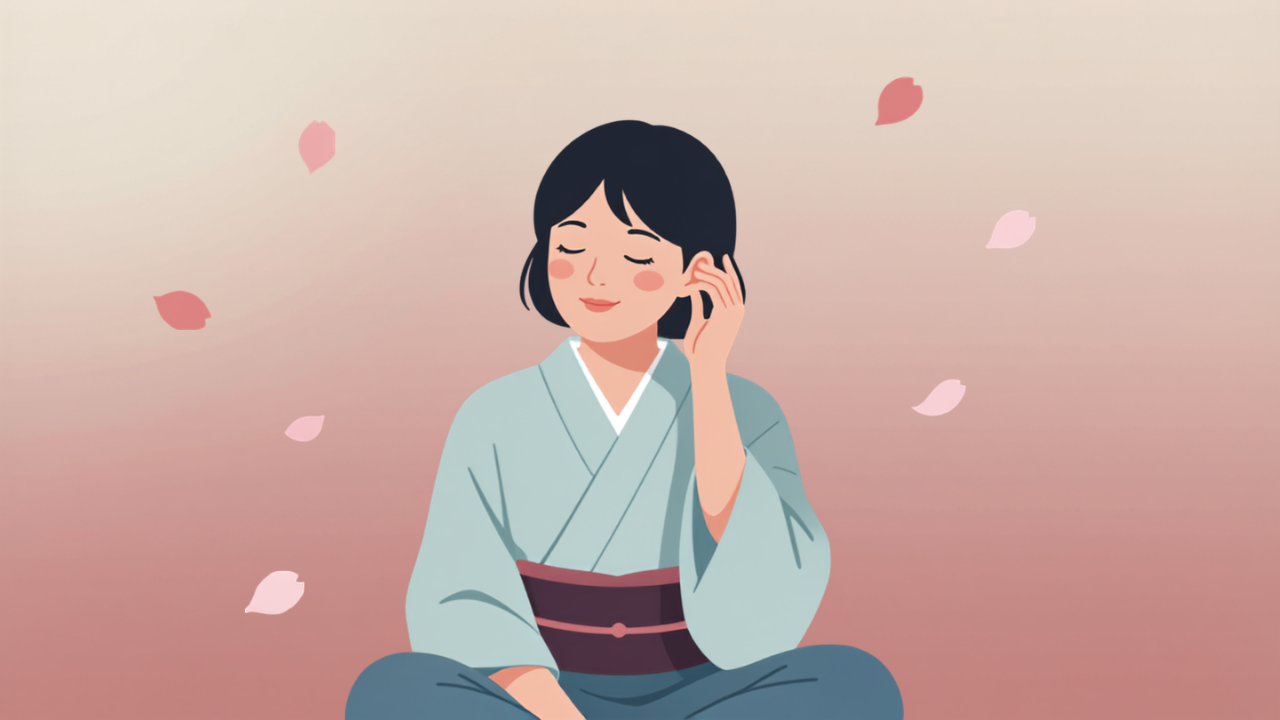 耳をやさしくマッサージしながら深呼吸する女性のセルフケアのイラスト