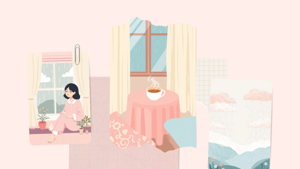 低気圧で眠そうに窓辺に座る女性のイラスト