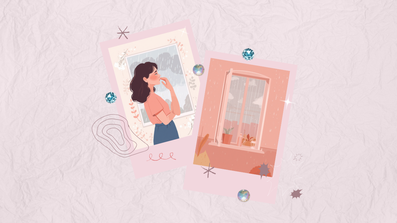 窓辺で雨の空を眺めながら体調のすぐれない様子の女性のイラスト