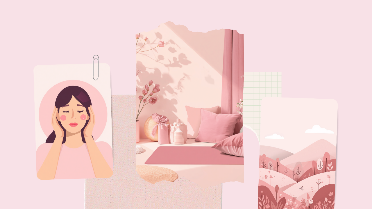 両手で耳をやさしくマッサージしてセルフケアをする女性のイラスト