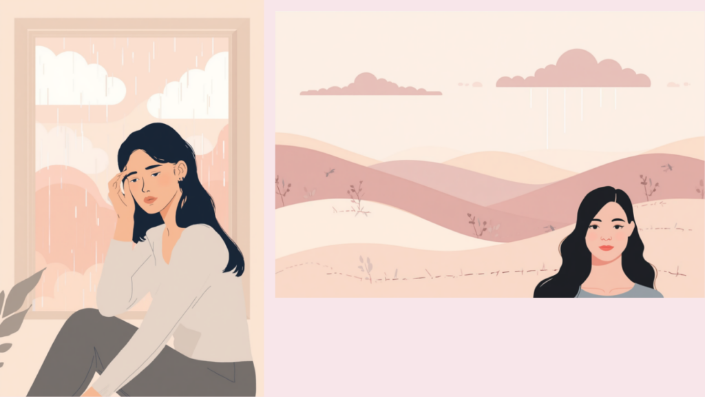 頭痛でこめかみを押さえる女性のイラスト