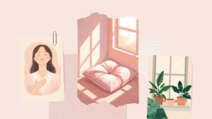 目を閉じて胸に手を当て、ゆっくり深呼吸してリラックスする女性のイラスト
