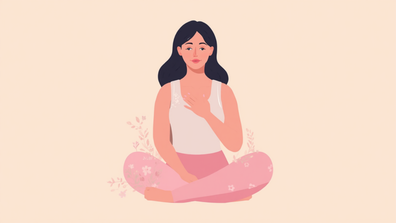 胸に手を当てて自分の体調を気づかう女性のイラスト
