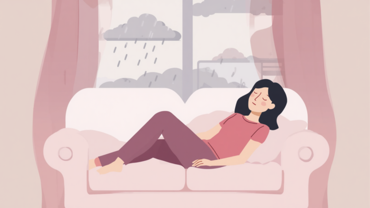 雨の日にソファで横になって休む女性のイラスト
