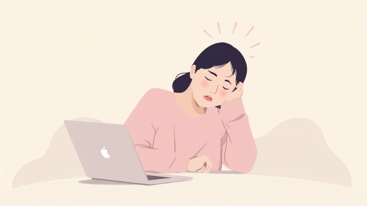 デスクでパソコン作業をして前かがみになり、首や肩がこって頭が重い女性のイラスト