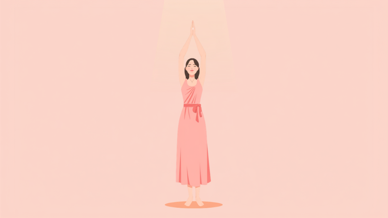 背筋を伸ばして両腕を上げ、気持ちよく伸びをしている女性のイラスト