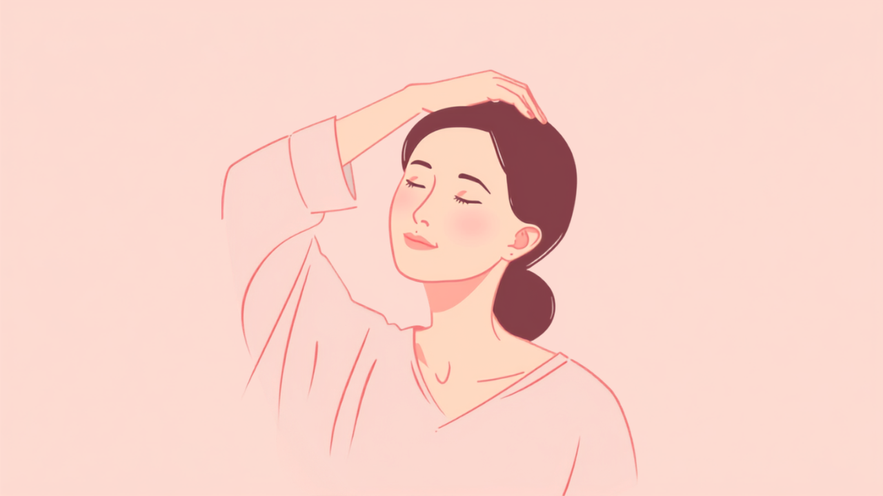 首を横にゆっくり倒して、首すじを伸ばすストレッチをしている女性のイラスト