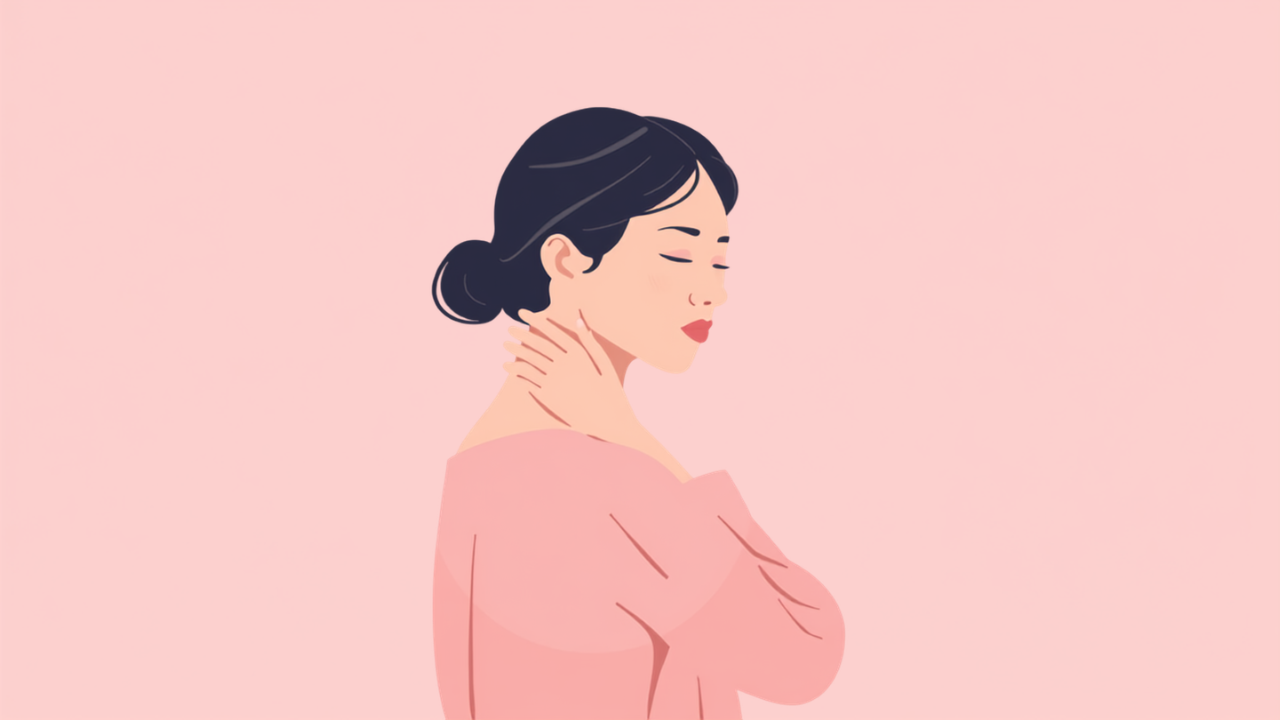 首すじに手を当てて、首こりからくる不調を感じている女性のイラスト