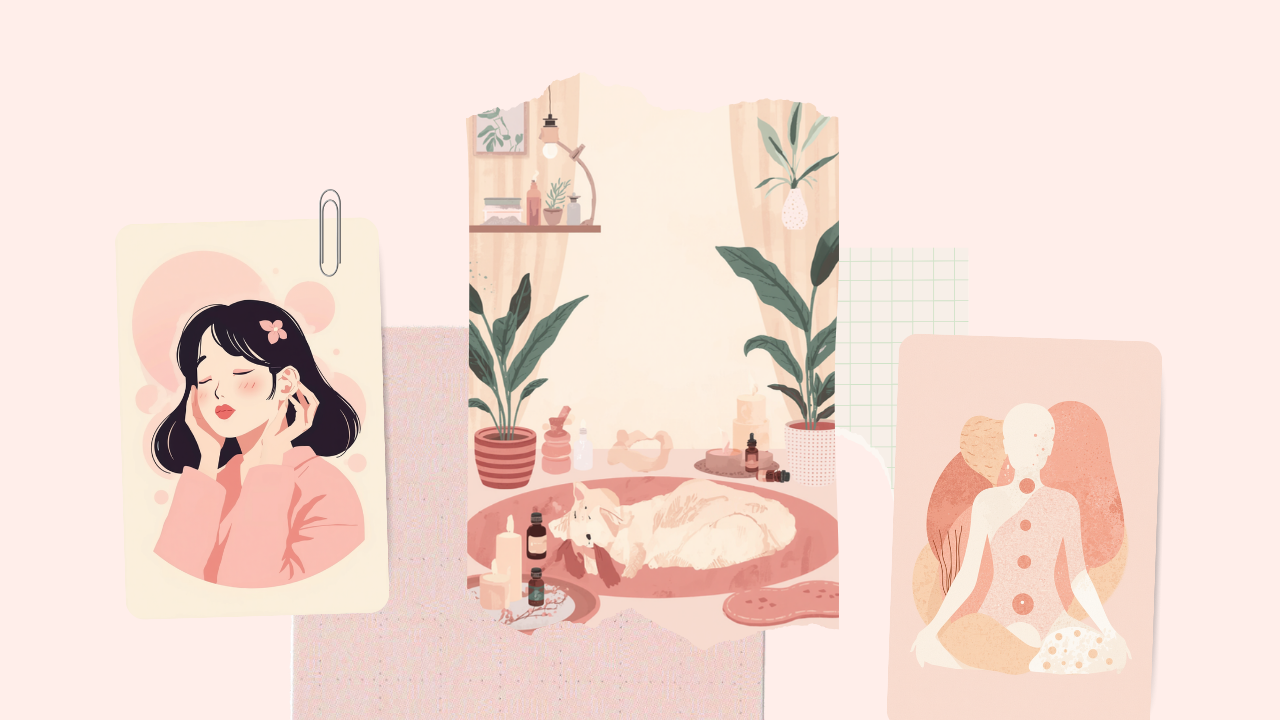 耳をやさしくマッサージしてセルフケアする女性のイラスト