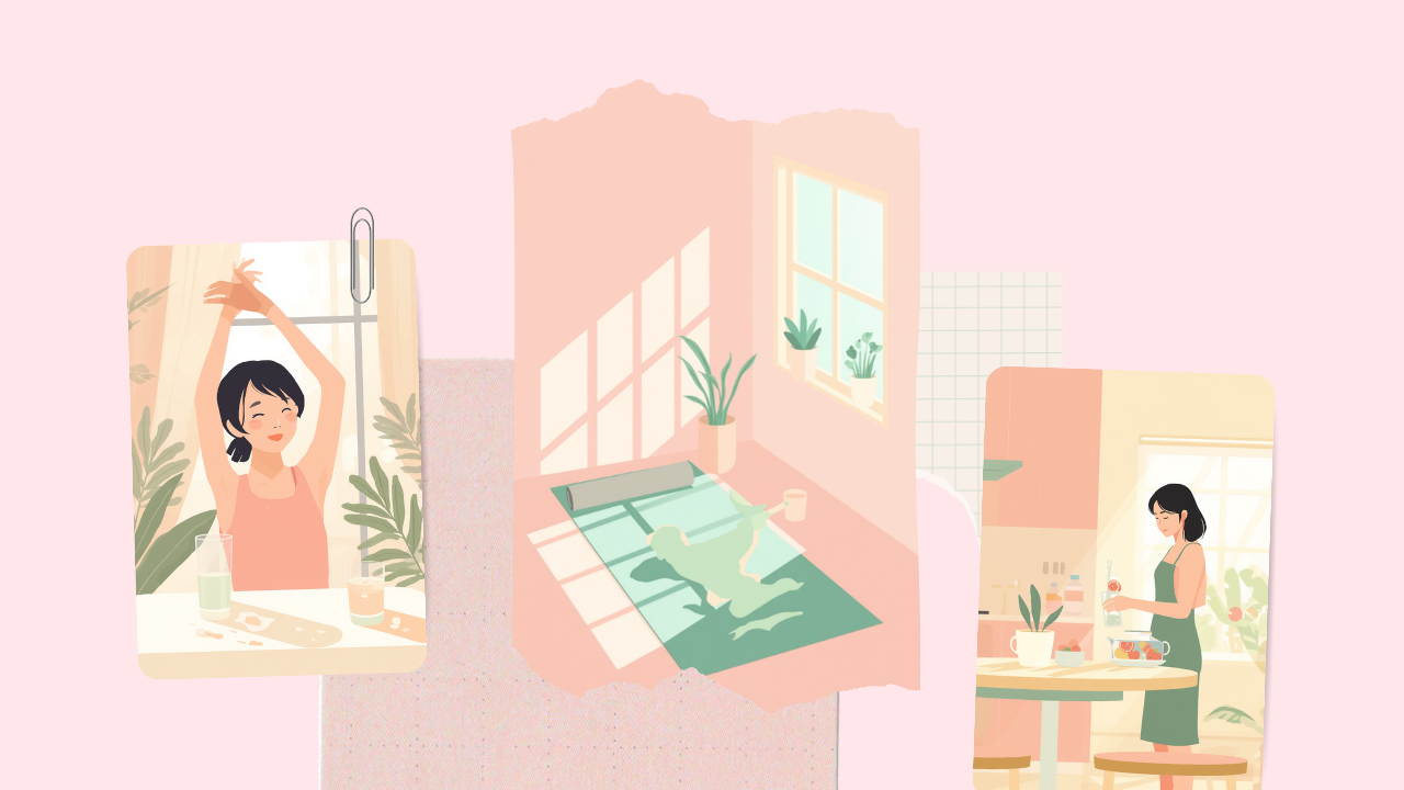朝に軽いストレッチをしてすっきり目覚める女性のイラスト