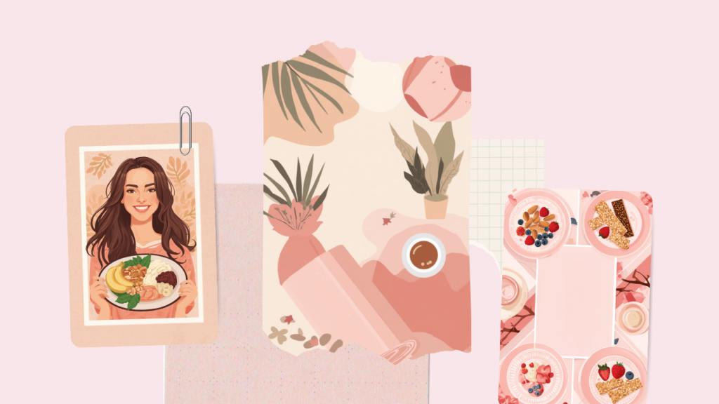 栄養バランスのよい食事を手にする女性のイラスト（PMSを和らげる食べ物）