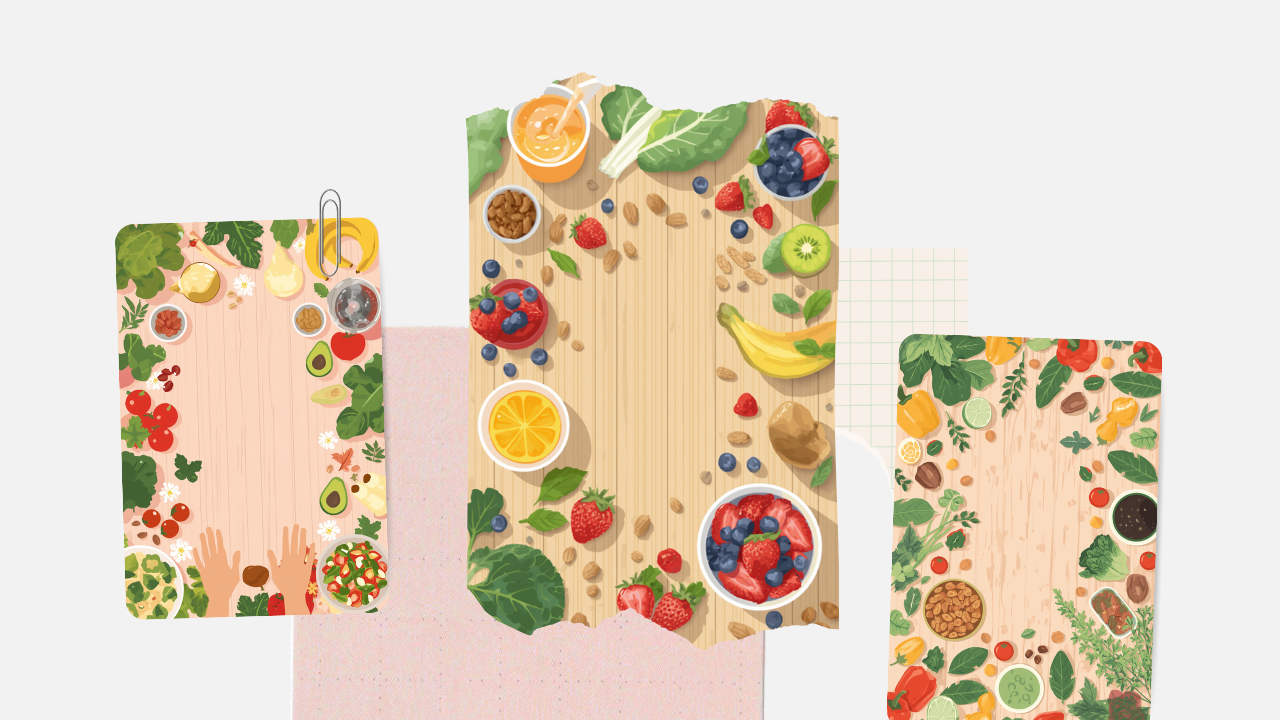 野菜や果物、ナッツなど栄養バランスのよい食材をテーブルに並べた食事のイラスト