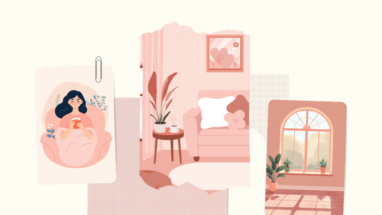 ソファでブランケットにくるまり温かいハーブティーを飲んでリラックスする女性の淡いピンクのイラスト