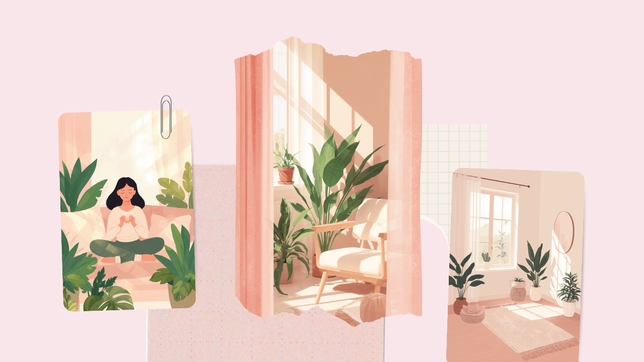 観葉植物に囲まれてリラックスし深呼吸する女性のイラスト