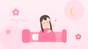 生理前の頭痛でこめかみを押さえて休む女性の淡いピンクのイラスト