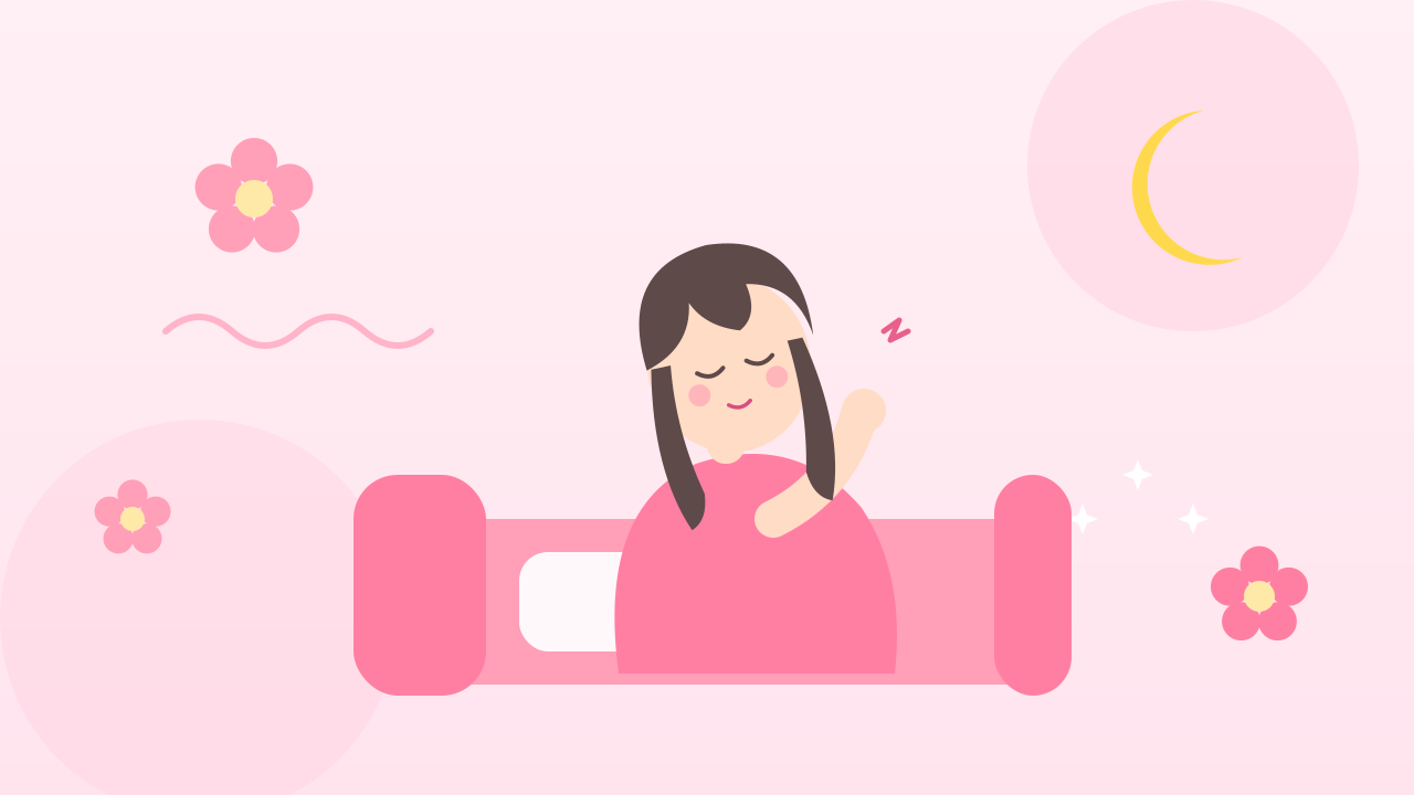 生理前の頭痛でこめかみを押さえて休む女性の淡いピンクのイラスト