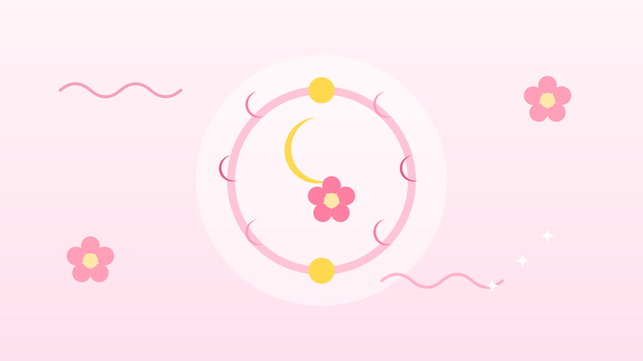 生理周期と月・ホルモンの変化をあらわす淡いピンクのイラスト