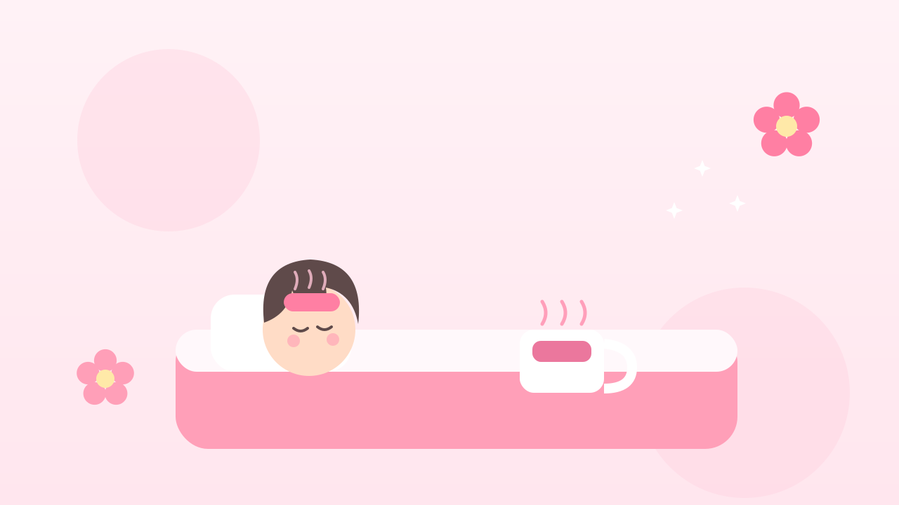 蒸しタオルと温かい飲み物で頭痛をケアして休む女性のイラスト