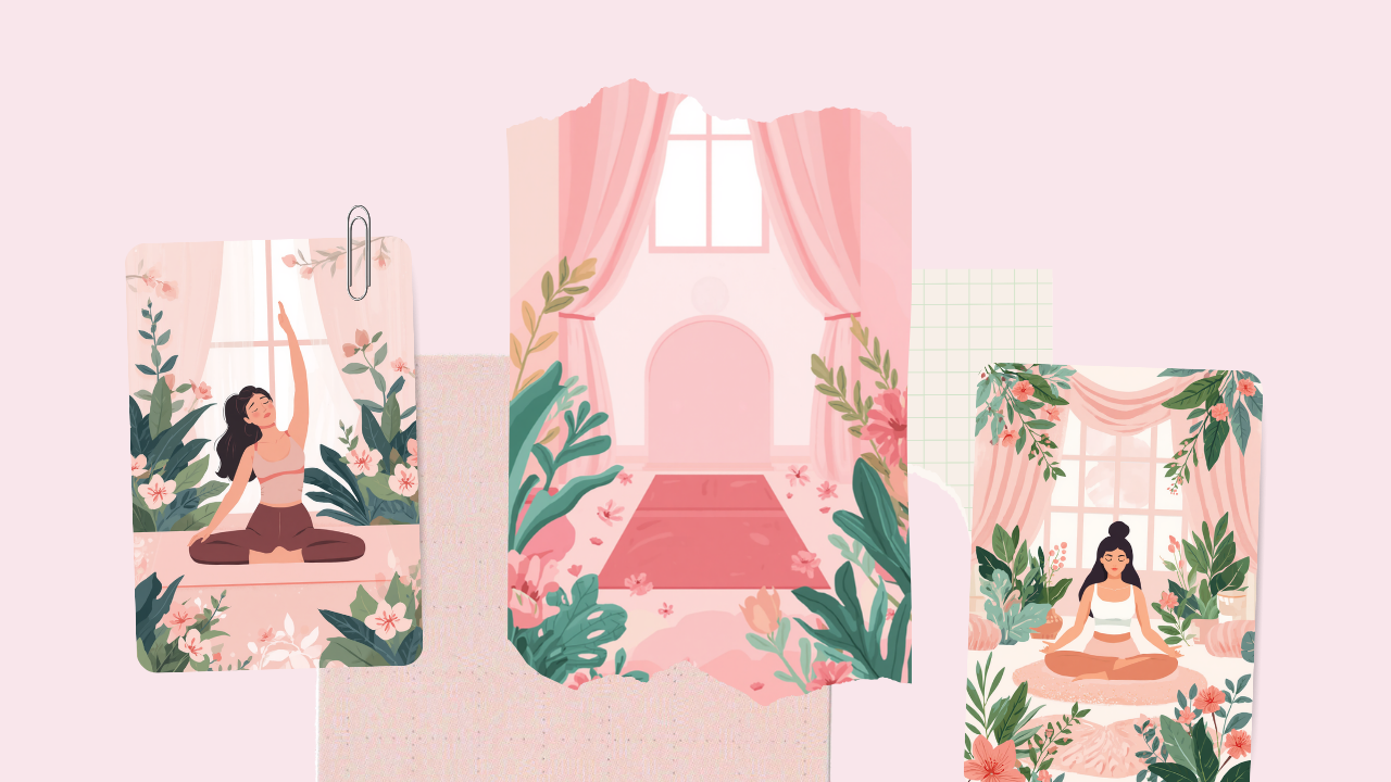 部屋で軽くストレッチ・ヨガをしてリラックスする女性の淡いピンクのイラスト