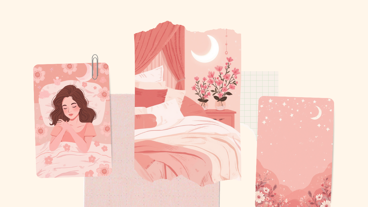 夜のベッドで穏やかに眠る女性と三日月の淡いピンクのイラスト