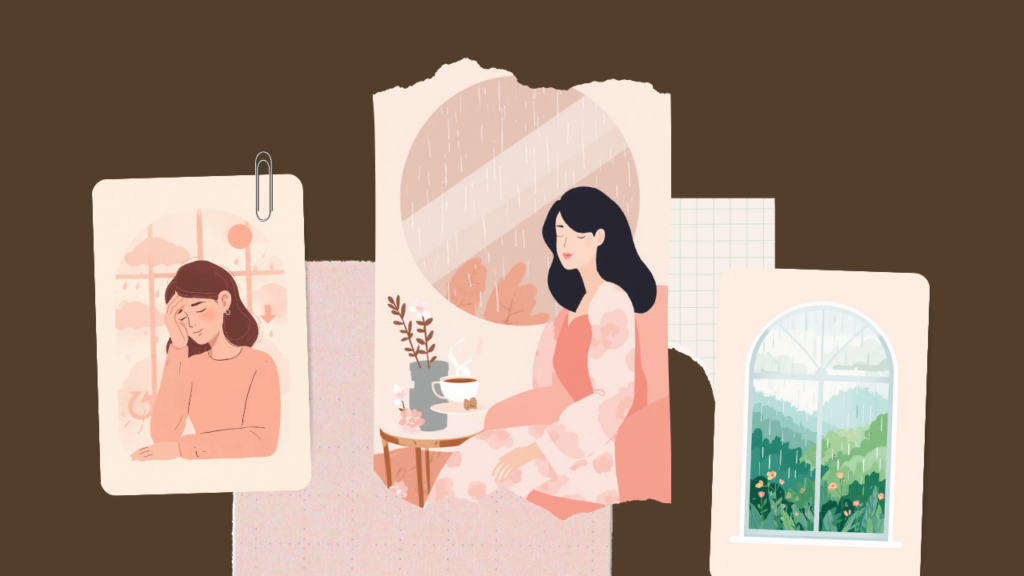 低気圧と生理が重なりつらそうにこめかみを押さえる女性のイラスト