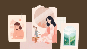 低気圧と生理が重なりつらそうにこめかみを押さえる女性のイラスト