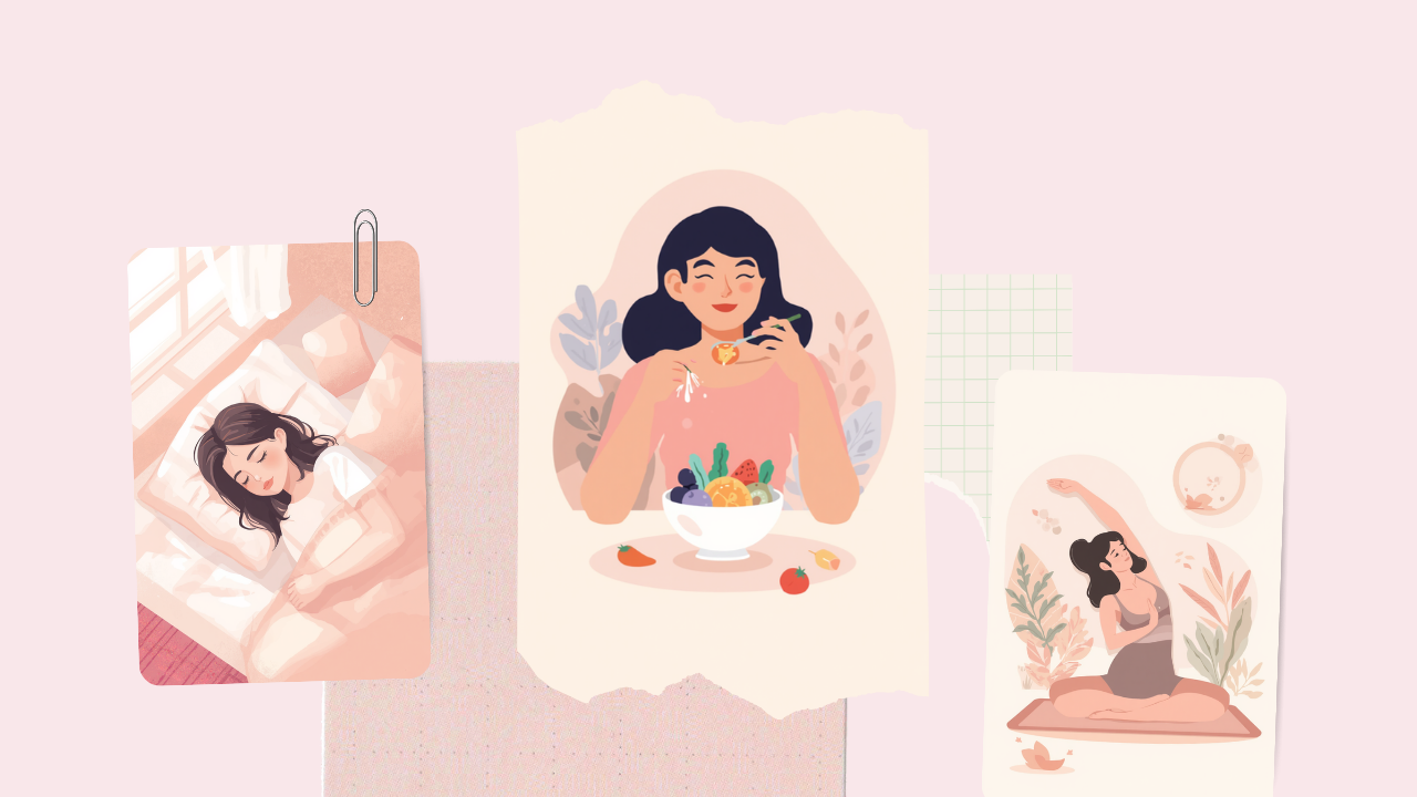 睡眠・栄養・軽いストレッチなど生活習慣のイラスト