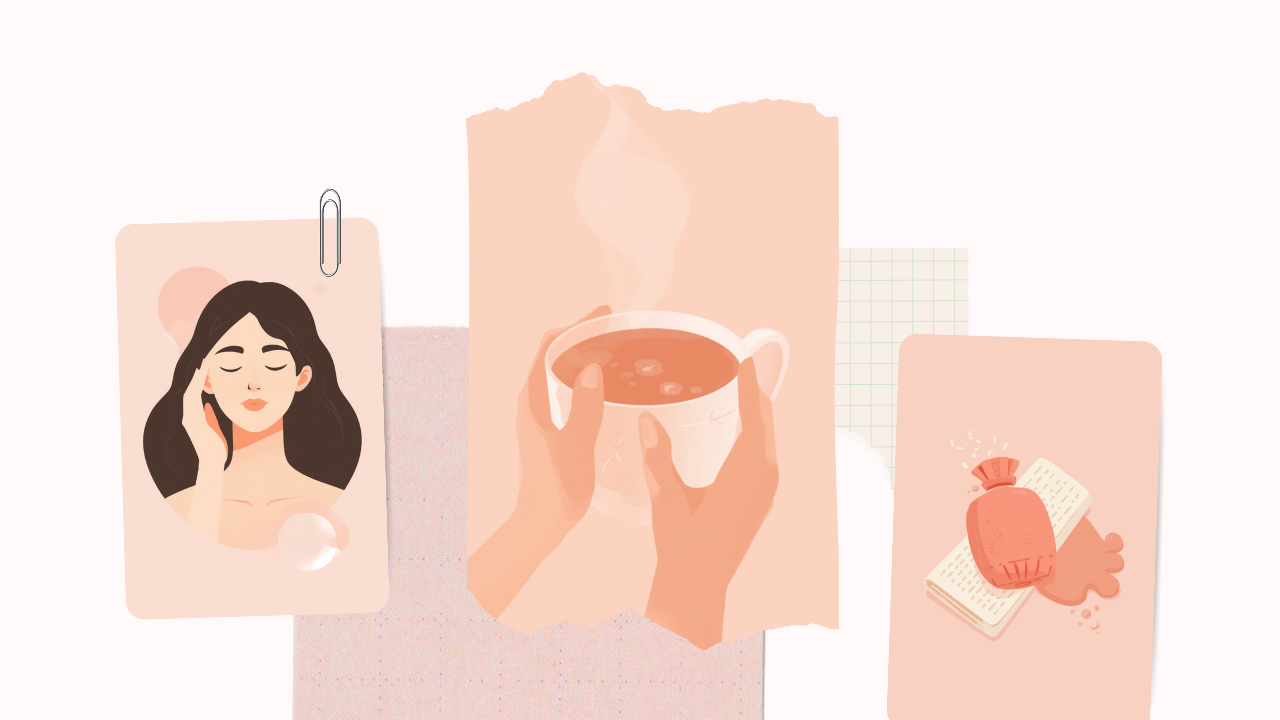 こめかみ指圧・温かい飲み物・湯たんぽなどセルフケアのイラスト