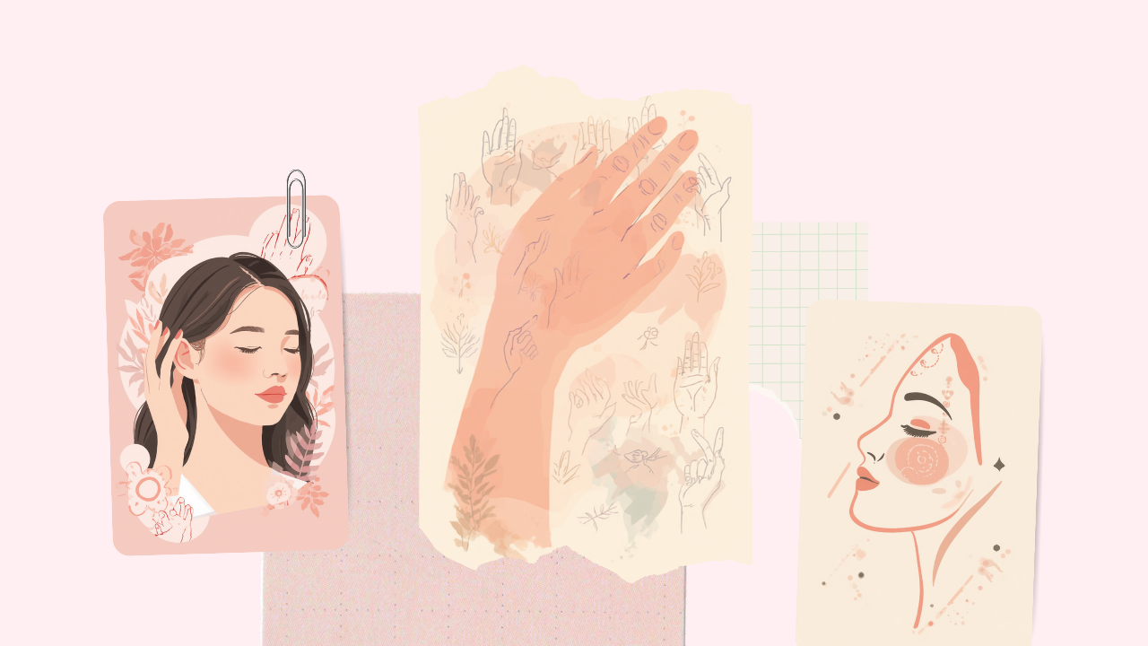 耳やこめかみのツボを指でやさしく押してマッサージする女性のイラスト