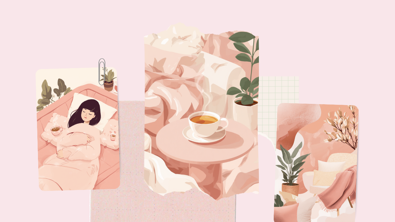 ソファで休みながら温かいお茶を飲んでリラックスする女性のセルフケアイラスト
