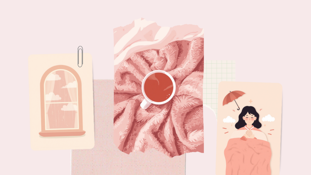 雨の日にあたたかいお茶やブランケットでくつろぐ女性のイラスト