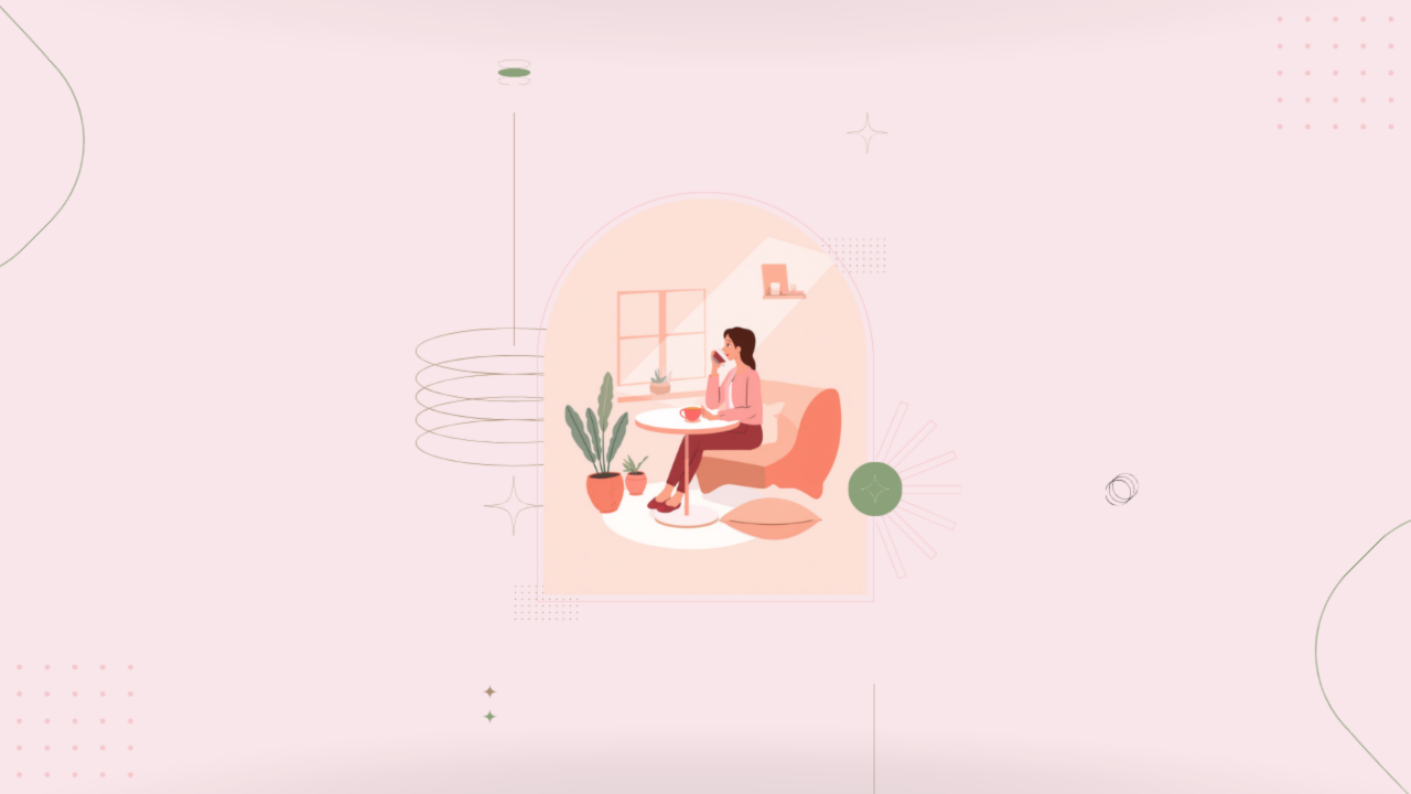 部屋でコーヒーを飲みながらリラックスする女性のイラスト
