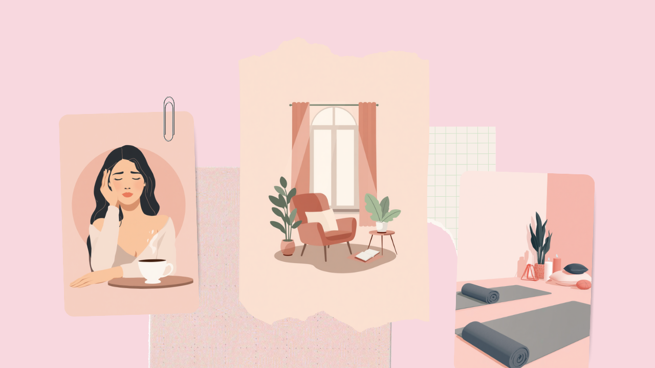 こめかみに手をあて、そばにコーヒーカップを置いた女性のイラスト