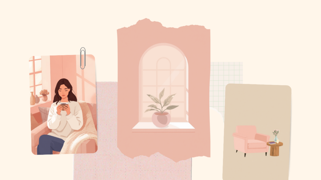 温かいコーヒーを両手で持ってくつろぐ女性のイラスト