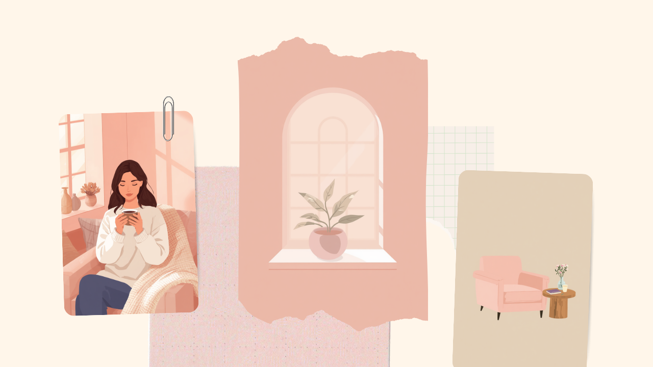 温かいコーヒーを両手で持ってくつろぐ女性のイラスト