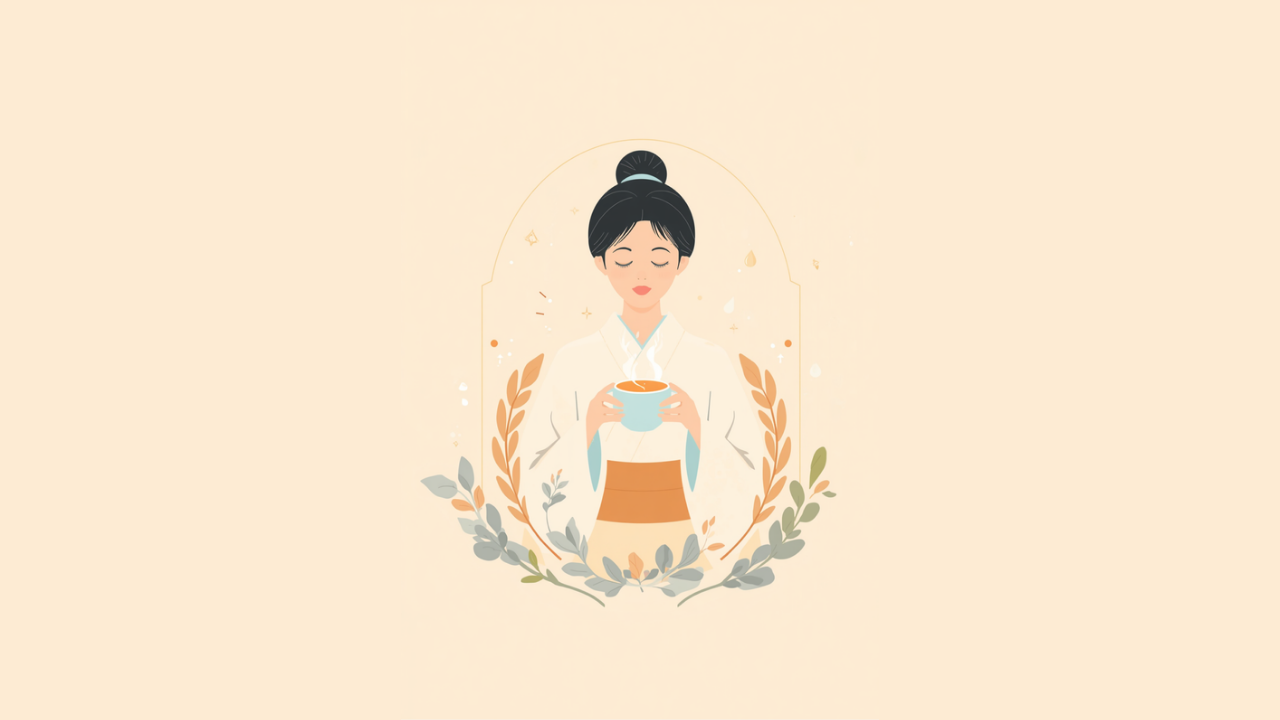 温かい湯呑みを両手で包み穏やかに過ごす女性のイラスト