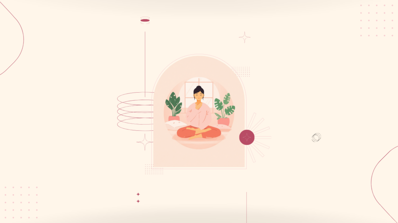 観葉植物のある部屋で深呼吸してセルフケアする女性のイラスト