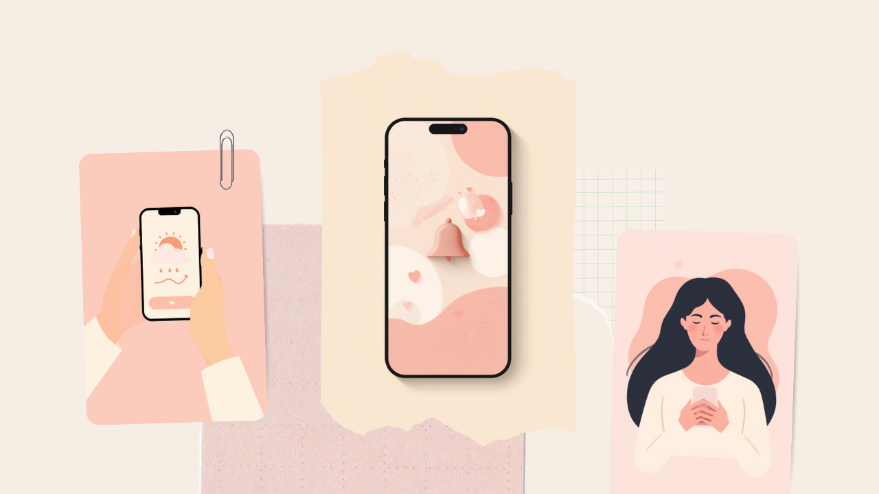 天気予報を映したスマホを手に持ち、通知を確認する女性のイラスト