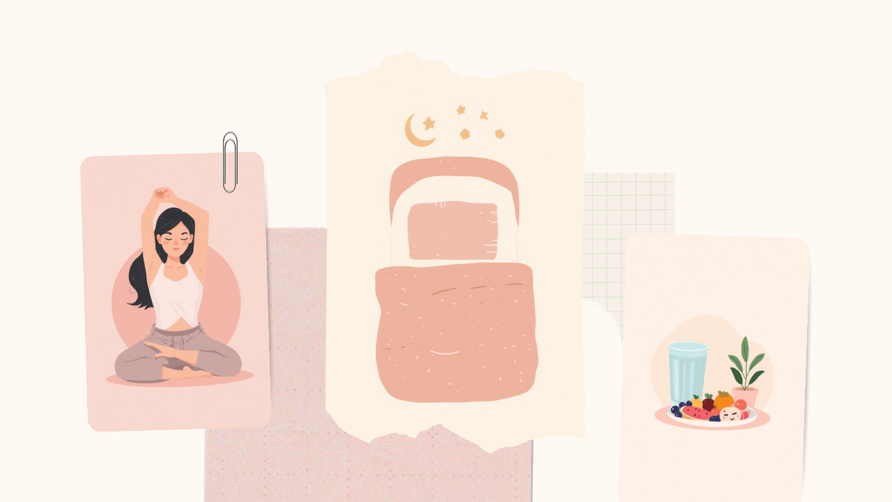 ストレッチ・睡眠・水分と食事など毎日のセルフケア習慣のイラスト