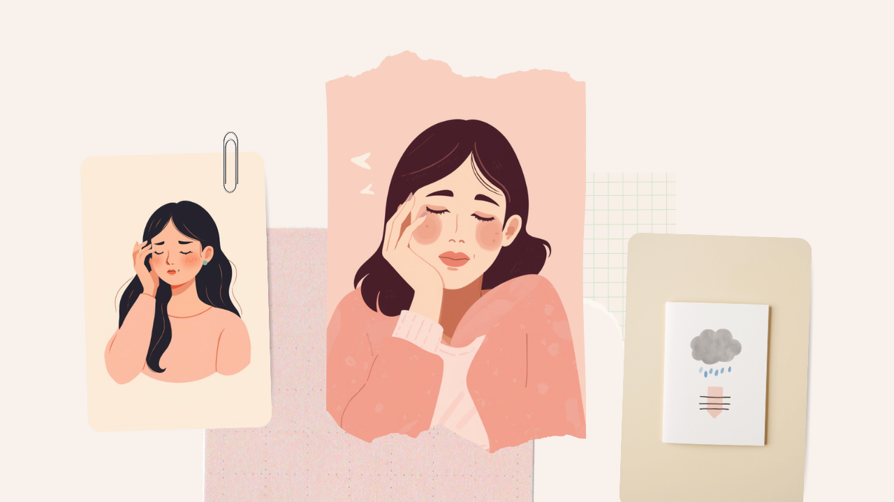 低気圧の日にこめかみを押さえて頭痛やだるさを感じる女性のイラスト