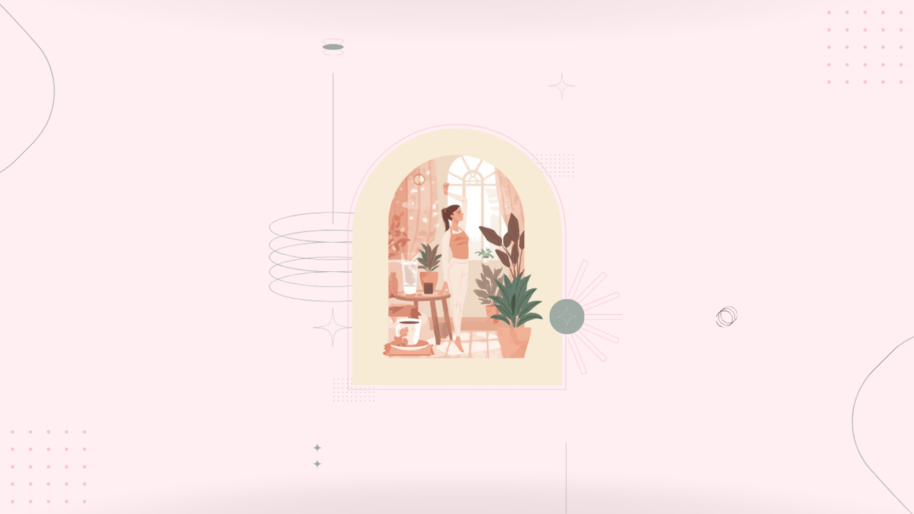 朝の光を浴びてリラックスする女性と観葉植物のある穏やかな朝の習慣のイラスト