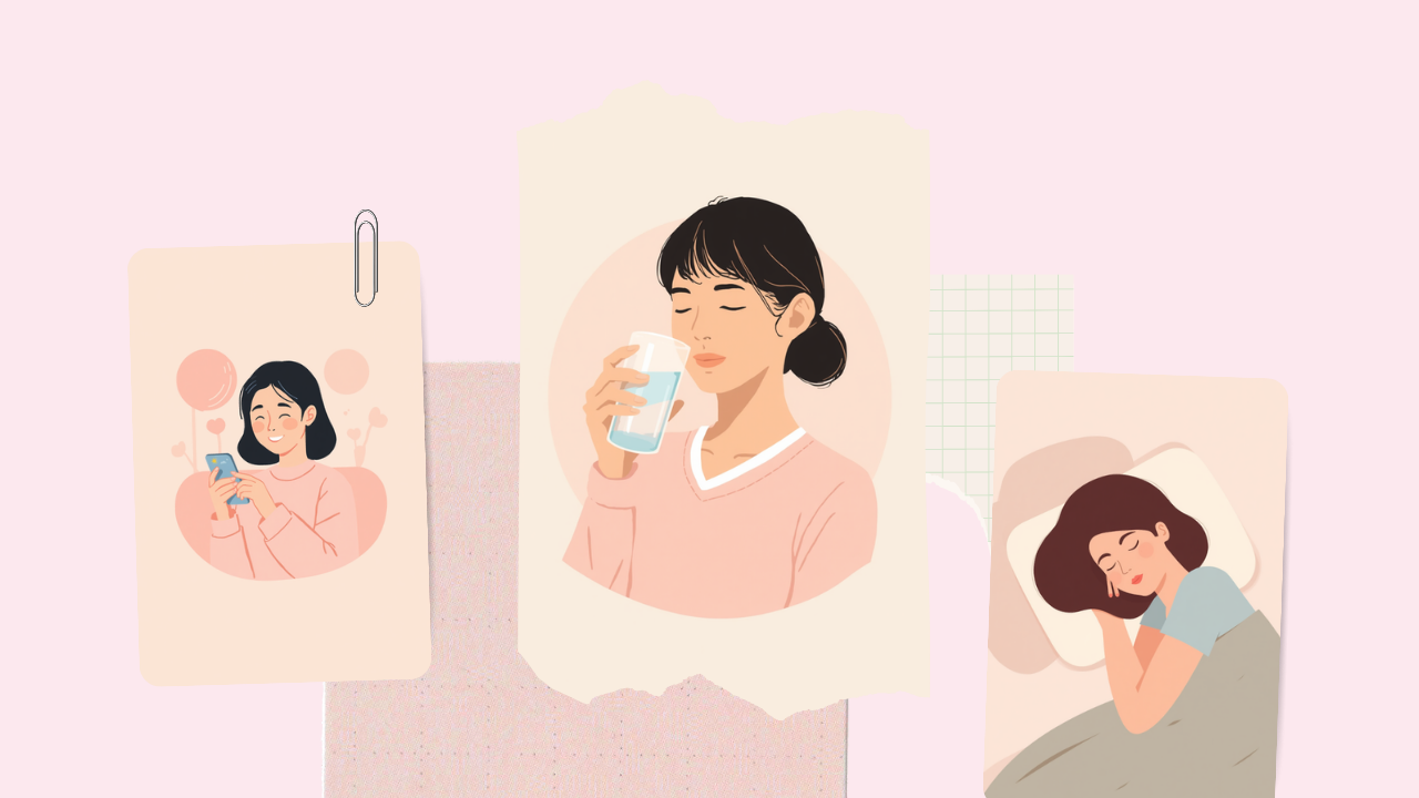 スマホで天気を確認・水分補給・睡眠など、気象病を予防する生活習慣を送る女性のイラスト