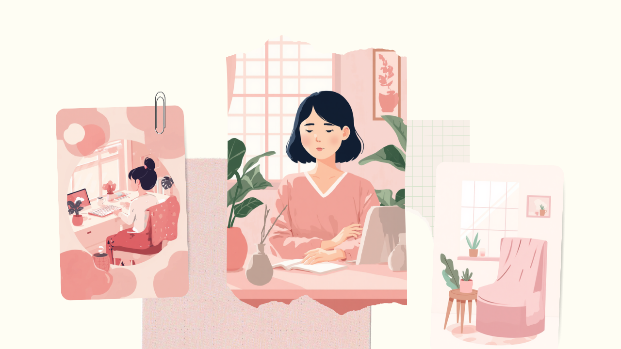 自宅でおだやかに過ごす女性のイラスト。セルフケアで気象病をやわらげるイメージ