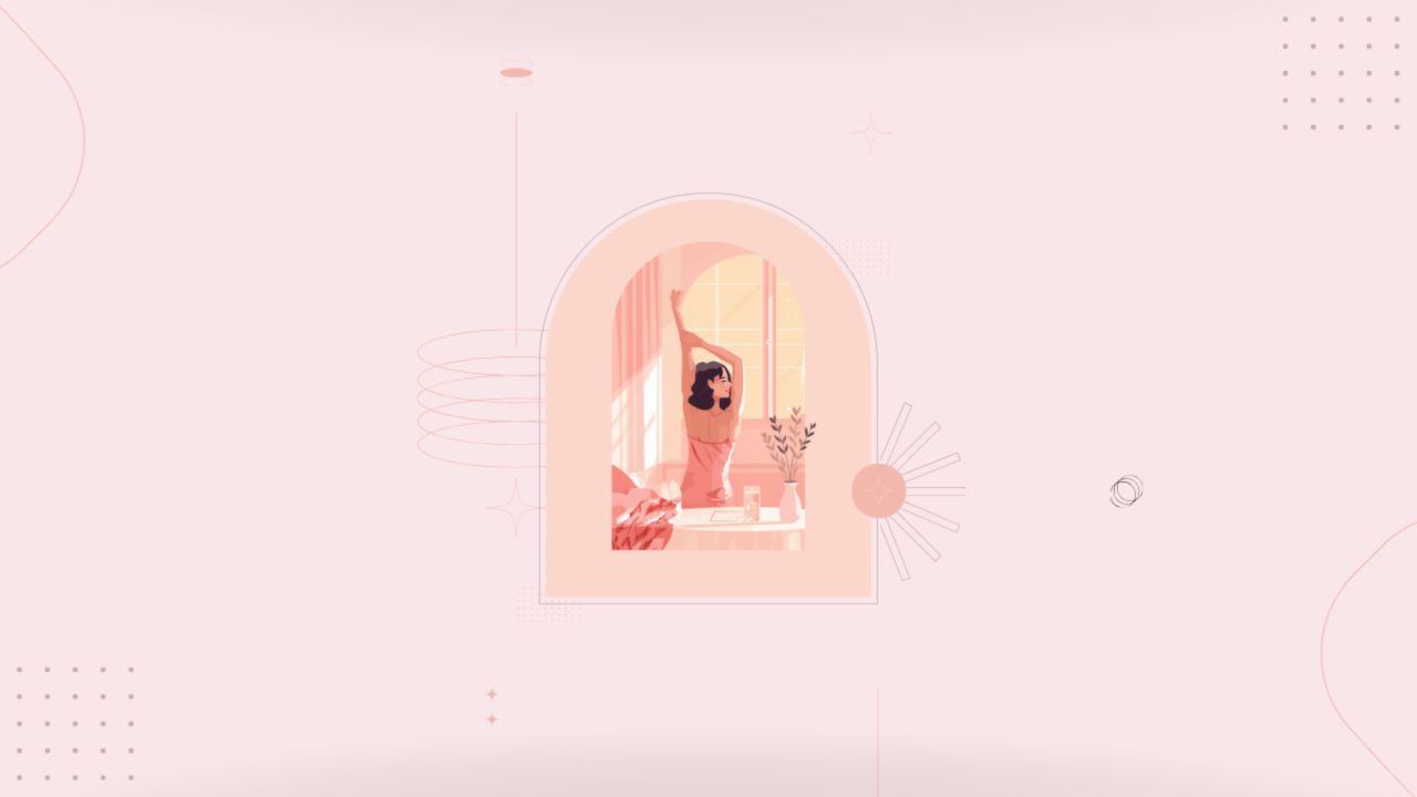 朝の光を浴びながら窓辺で伸びをする女性のイラスト